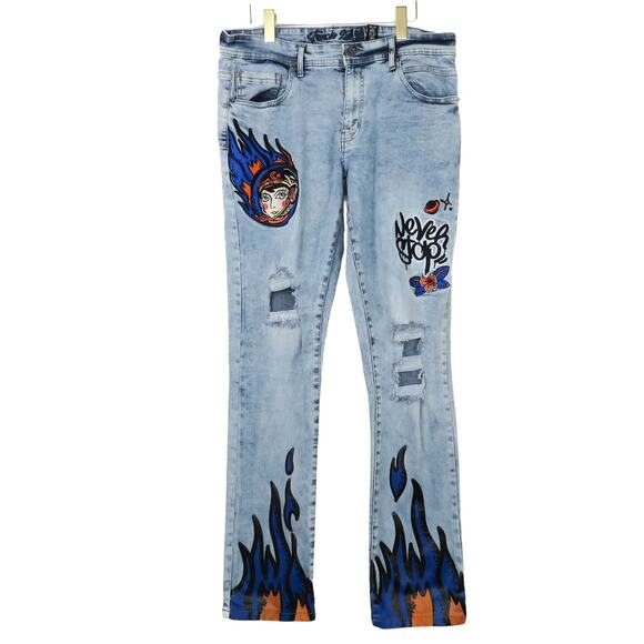Y2k Track23 Men's Ripped Never Stop Graffiti Flames Graphic Jeans 36x32 - Picture 2 of 7